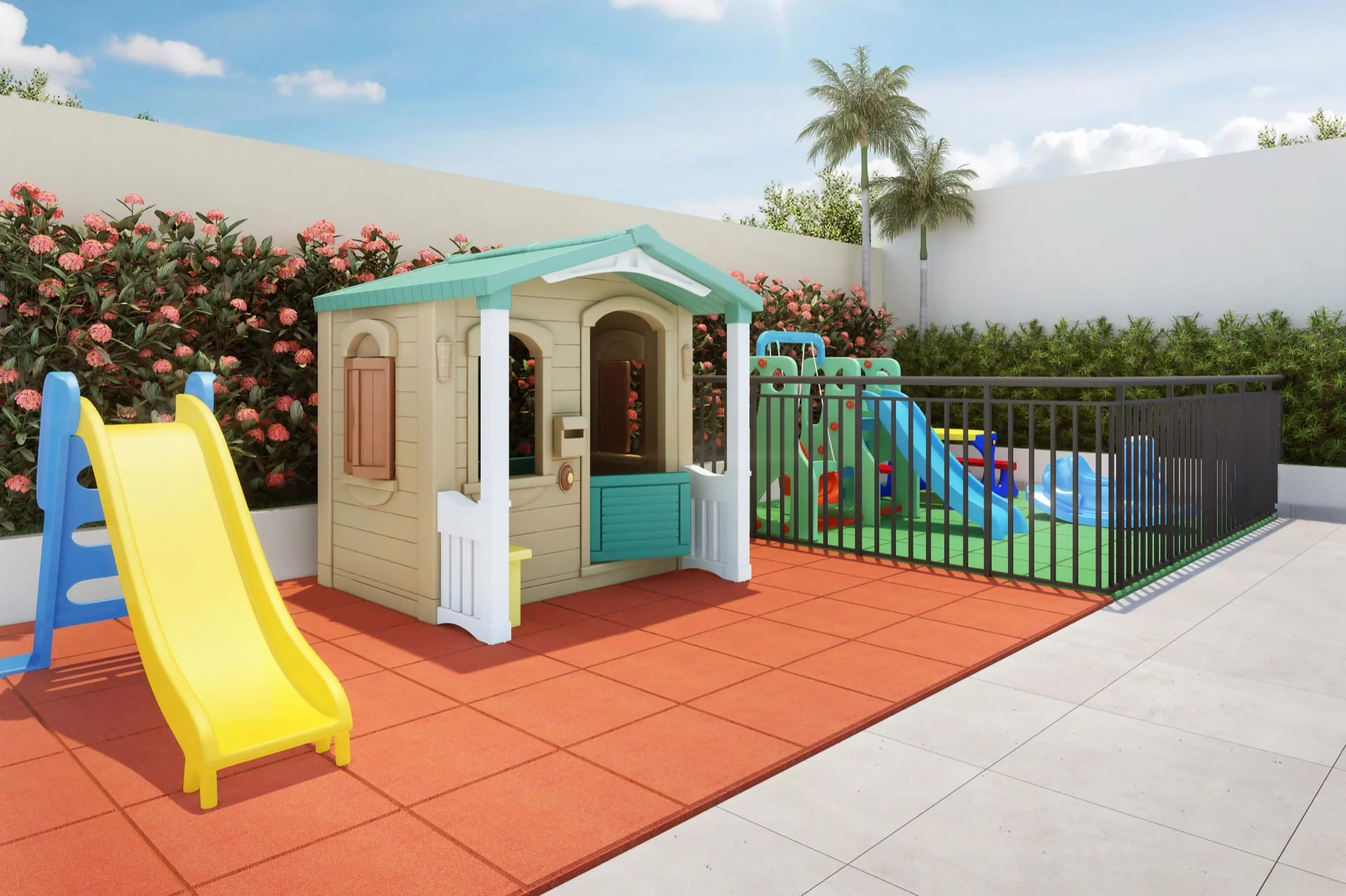 Playground com escorregador, balanços e área de areia para crianças.