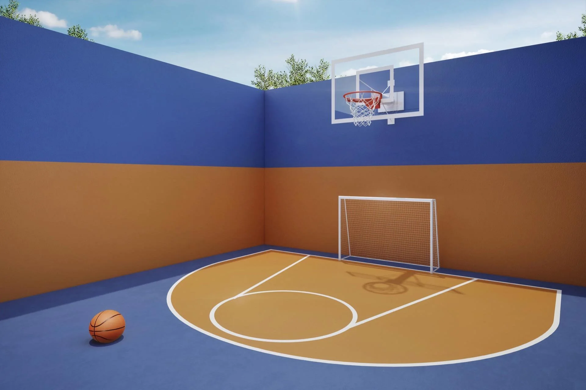 Quadra de street ball com cesta de basquete e marcações no chão.