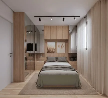 Quarto de casal decorado com cama de casal, dois criados-mudos, guarda-roupa grande e luminárias modernas.